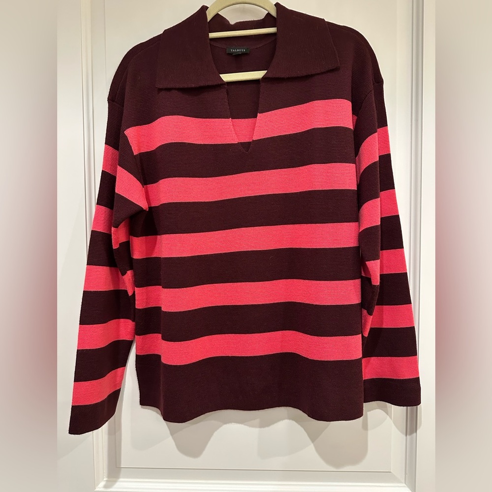 Talbots Preppy Burgundy and Pink Striped Johnny Collar Sweater